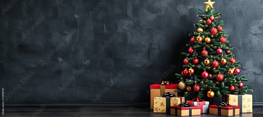 Festive christmas tree with presents against dark gray wall, blurred lights, copy space