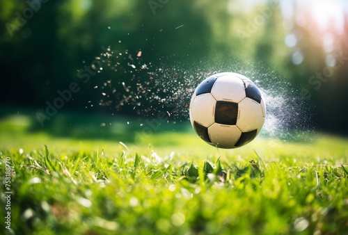 A soccer football ball rolling at speed on the grass stadium field  © IgnacioJulian