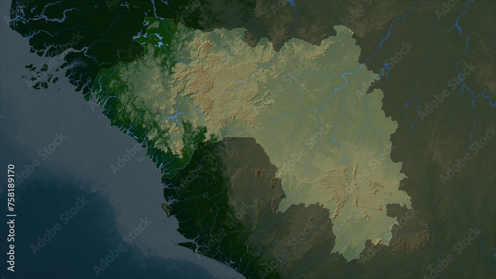 Guinea highlighted. Physical elevation map