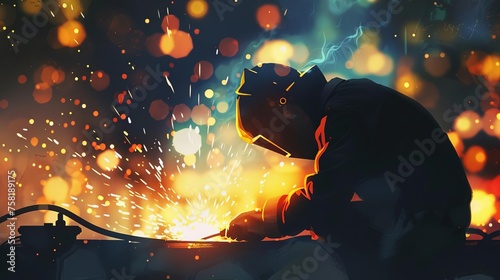 Fototapeta Industrial Night Welding, Digital Illustration of Welder at Work with Sparkling Bokeh Background