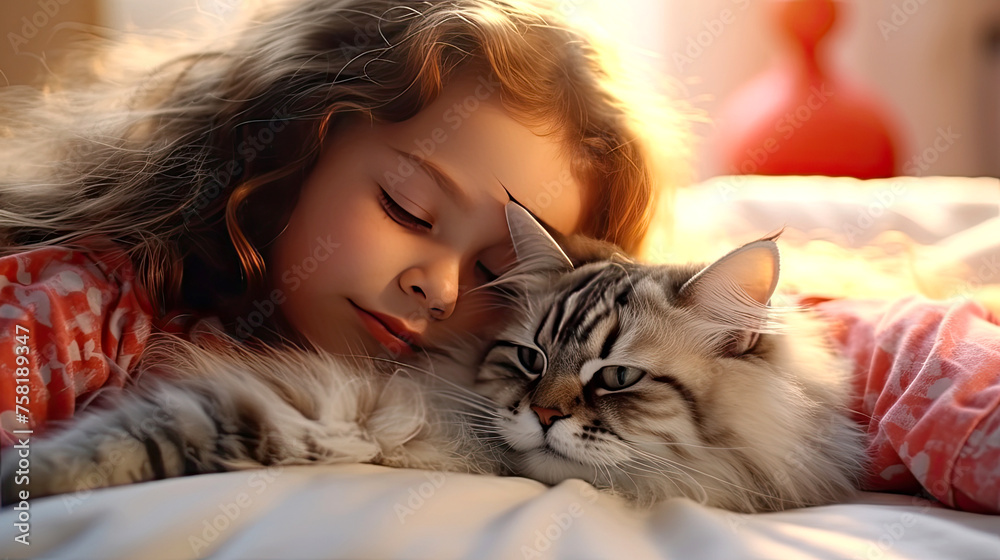 Beautiful curly girl sleeping next to a fluffy cat close-up portrait. Friendship and tender feelings between human and animal concept. AI generated illustration.