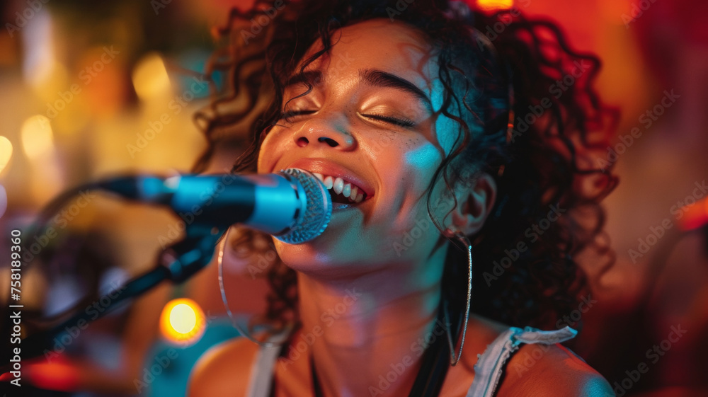 Passionate singer with closed eyes lost in the music under vibrant lights. Passionate singer with closed eyes lost in the music under vibrant lights.