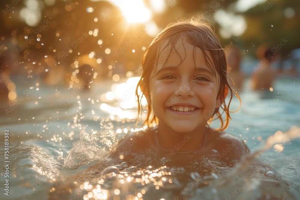 Young Girl Smiles While Swimming in Pool