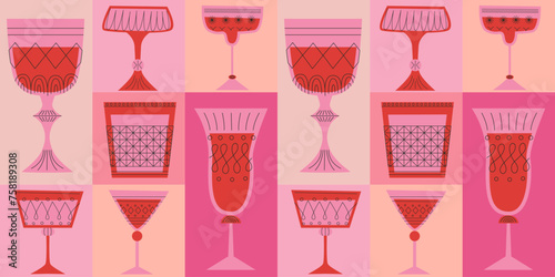 Geometric seamless pattern with alcoholic cocktails in glasses of different shapes. Drinks in different types of vintage glasses in red color. Modern design for greeting cards, posters, wrapping, pack