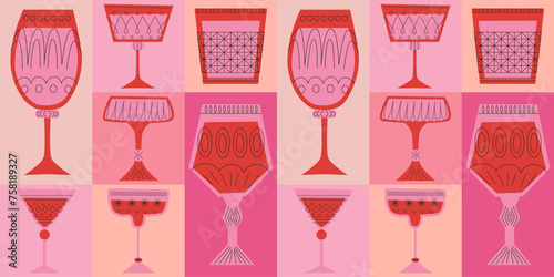 Geometric seamless pattern with alcoholic cocktails in glasses of different shapes. Drinks in different types of vintage glasses in red color. Modern design for greeting cards, posters, wrapping, pack