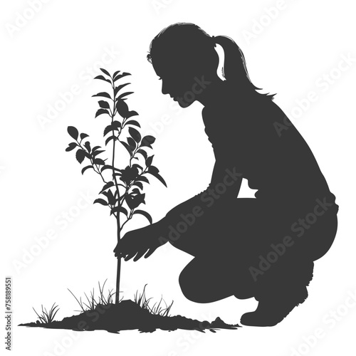 Silhouette woman planting tree in the ground black color only