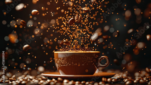 Dynamic explosion of coffee beans and splash, invigorating morning energy.