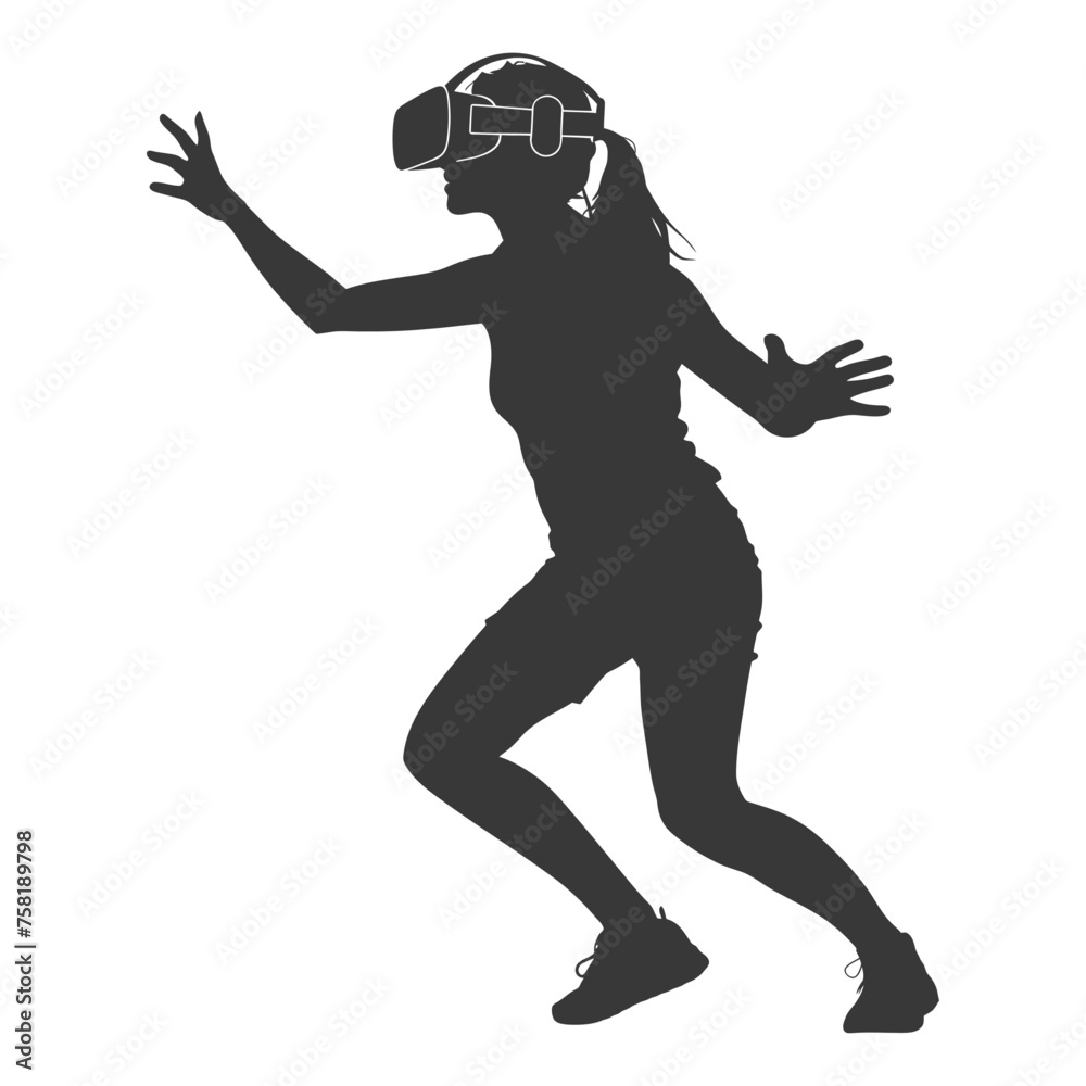 Silhouette woman playing virtual reality headset black color only