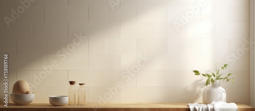 Cream tile wall with white grout design, viewpoint