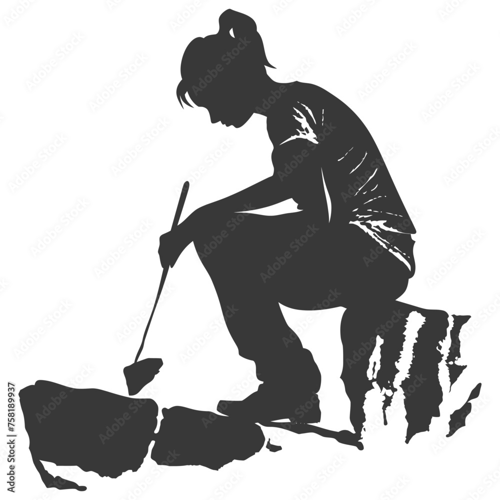 Silhouette woman stone carving artist in action black color only Silhouette woman stone carving artist in action black color only