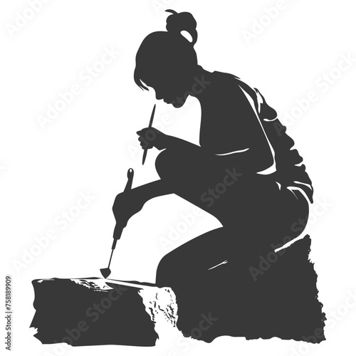 Silhouette woman stone carving artist in action black color only