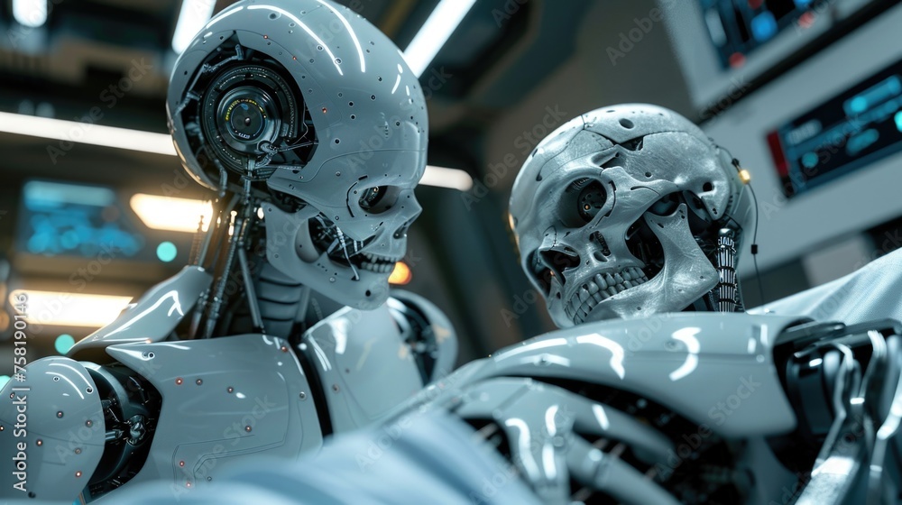 A couple of robots standing next to each other. A couple of robots standing next to each other.