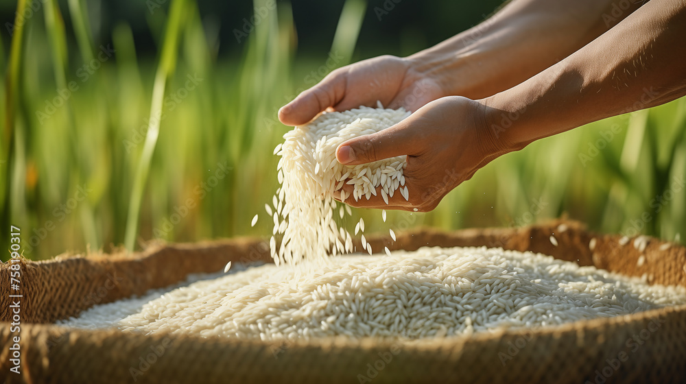 Fototapeta premium Close-up of hands sifting through fresh rice grains, illustrating agricultural prosperity and natural quality