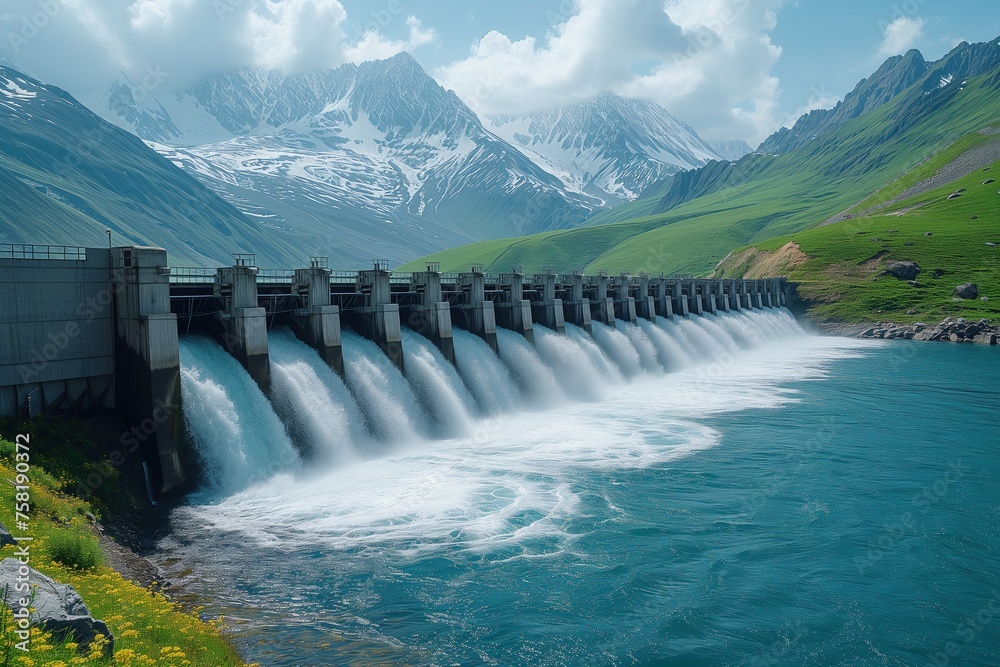 Dam Constructed in River With Mountains in Background Dam Constructed in River With Mountains in Background