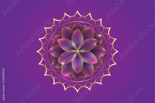 seventh chakra Sahasrara logo template. Gold Crown chakra symbol, golden luxury sacral lotus sign meditation, flower of life, yoga round mandala icon, vector isolated on purple background