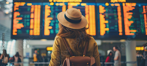 Back view of a Female tourist looking at flight schedules for checking take off time