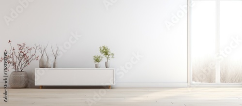 Minimalist white room interior with dresser, wooden floor, decor on wall, and landscape view from window. Home nordic interior. .