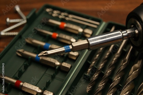 New builder's tools. Close-up of the screw gun head. 