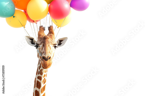 Funny smiling baby giraffe in cartoon watercolor style on a light background with copy space.