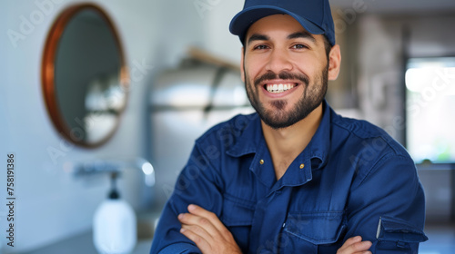 smiling man with a beard, wearing a blue plumber's uniform and cap, standing with his arms crossed in a modern bathroom
