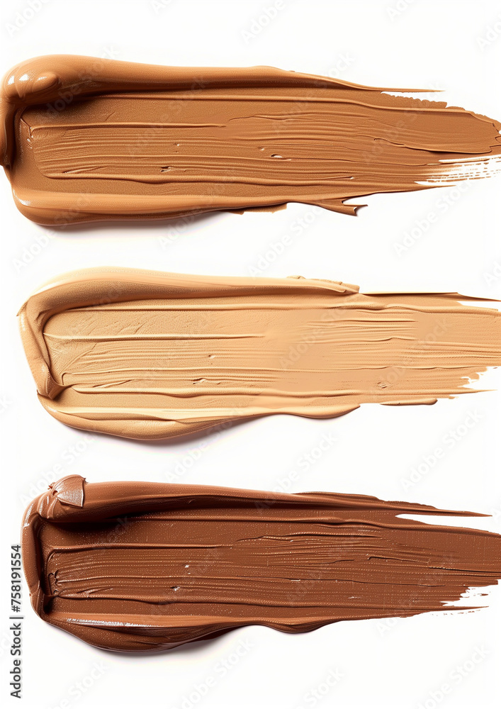 Set of three smears of foundation texture in different colors of dark, medium and light skin colors isolated on white background, BB CC foundation smudged cream white isolated background. Set of three smears of foundation texture in different colors of dark, medium and light skin colors isolated on white background, BB CC foundation smudged cream white isolated background.