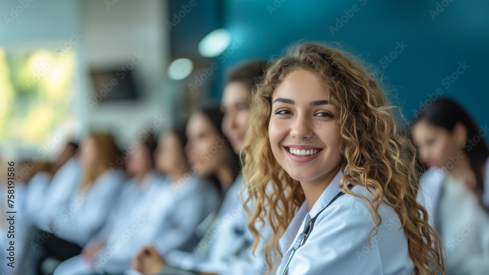 Portrait of a young student Doctor in a classroom with her fellow team mates in hospital, dressed in scrubs, Portrait of a young student Doctor in a classroom with her fellow team mates in hospital, dressed in scrubs,