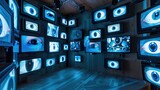 eyes in monitor on a wall, many televisions built into a wall watching surveillance footage, digital video camera, projector network concept