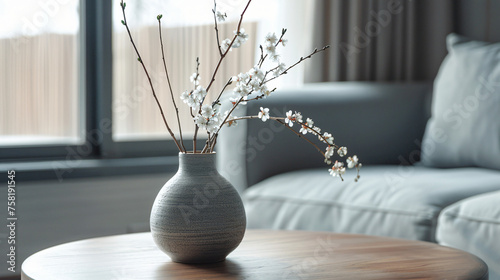 Simple Elegance: Neutral Modern Interior Adorned with a Vase of Beautiful White Blossoms for Subtle Sophistication