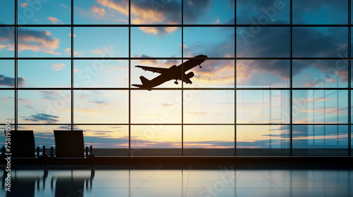 Silhouette of a plane taking off or landing in sunset sky from empty airport lobby, concept of taking off, start up, travel, go back home, with copy space. © Jasper W