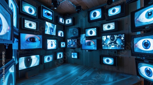 eyes in monitor on a wall, many televisions built into a wall watching surveillance footage, digital video camera, projector network concept