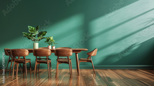 Natural Harmony: Modern Interior Featuring a Wooden Dining Room Set Against a Refreshing Green Wall