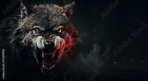 angry wolf on dark background with copy space