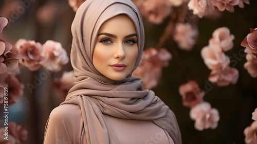 Woman wearing a headscarf on a floral background