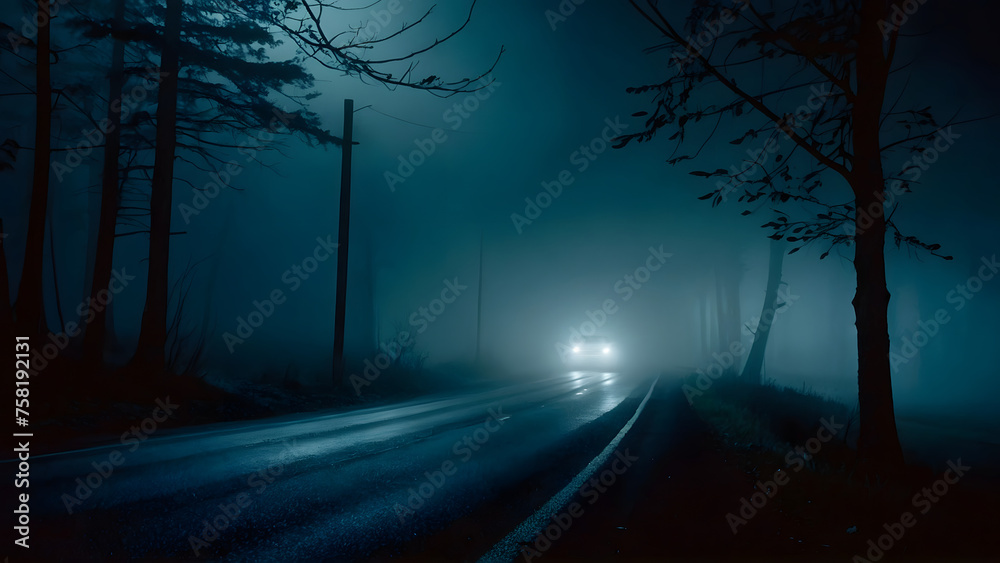 Obraz premium Auto im dichten Nebel auf verlassener Straße
