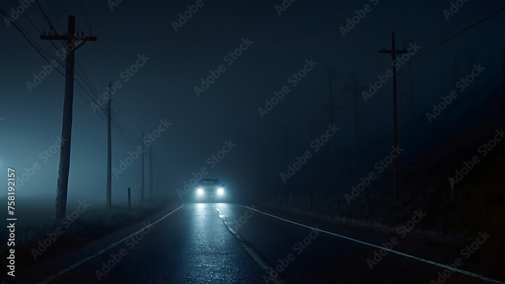  Night Drive: Car Moving Through Thick Fog on Deserted Road