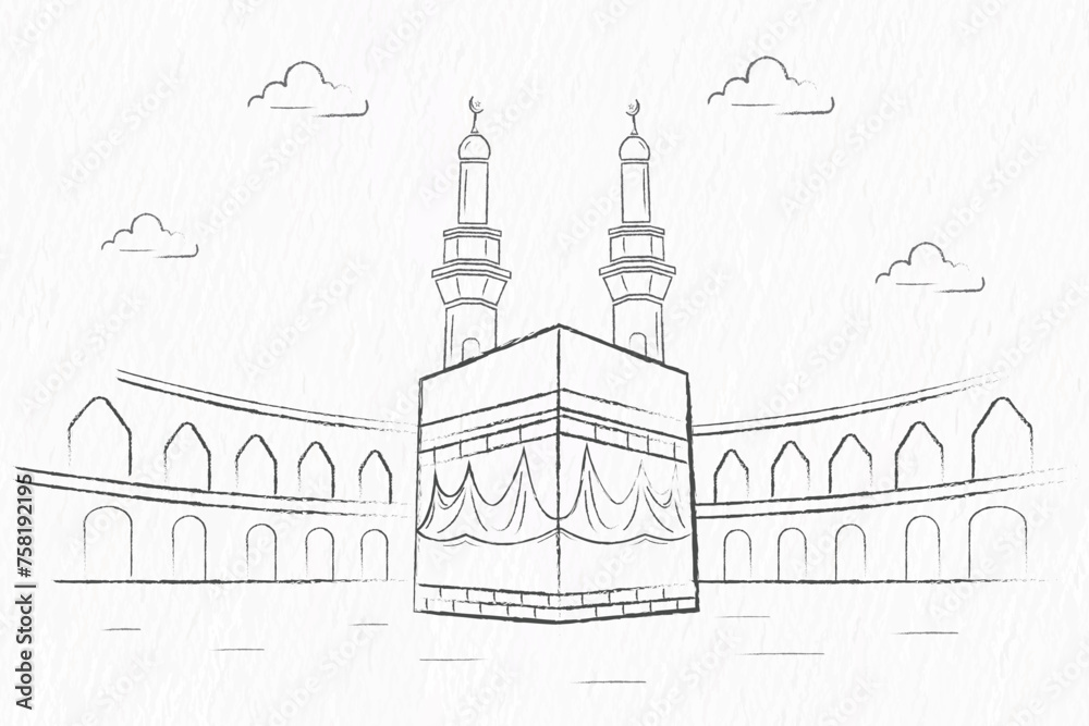 Islamic holy Kabaa of Makkah hand drawn lineart with pencil sketch texture
