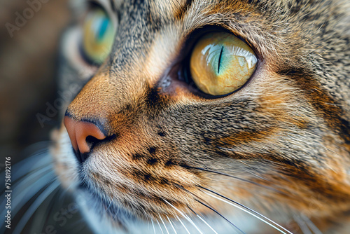 Cat eye picture, a cute pet animal. Bengal tiger cat looks up with sharp eye.