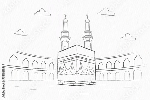 Islamic holy Kabaa of Makkah hand drawn lineart with pencil sketch texture