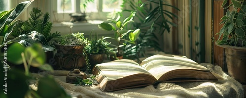 Close-up on a book in a cozy nook surrounded by plants and soft textures
