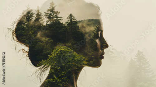 Nature's Essence: Double Exposure Featuring a Woman's Silhouette Blended with a Serene Forest Landscape