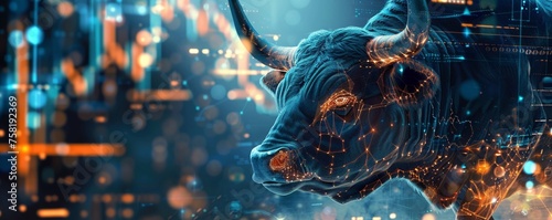 Detailed close-up of a bull with a backdrop of glowing cryptocurrency trade lines © Dinopic 3Ds