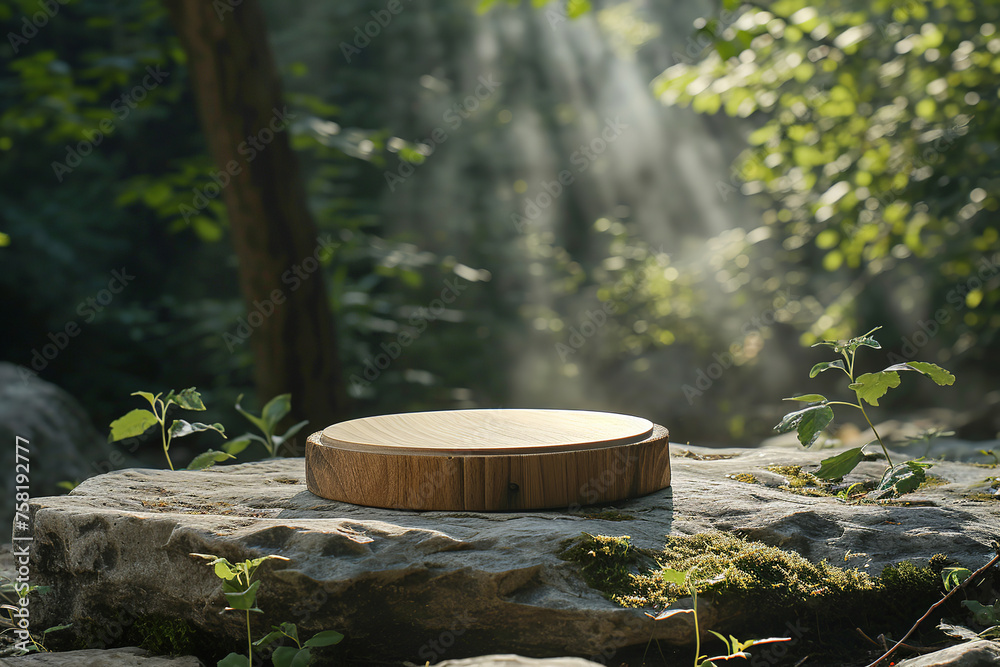 Wood tabletop podium floor in outdoors garden forest blurred green leaf plant nature background. Organic product present natural placement pedestal, spring and summer concept.
