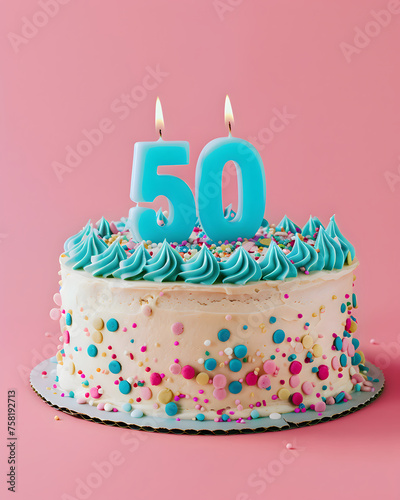 A festive delicious birthday cake with number 50 candle -Fifty Years