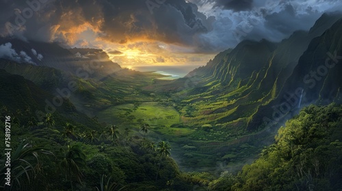 Vibrant sunset amidst lush green hawaiian valley under moody sky - nature's serenity