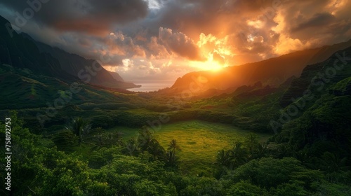 Vibrant sunset amidst lush green hawaiian valley under moody sky - nature's serenity © Ashi