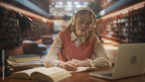 Female in university campus space. Young woman college student in public library, studying for exams, in headphones talks by video call on laptop.