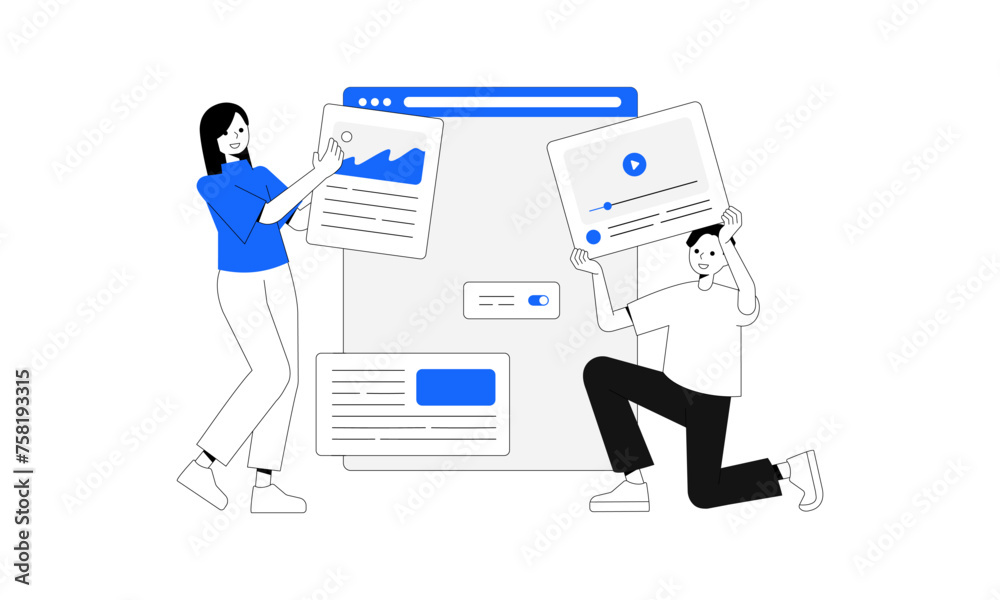 Set of UI and UX designers creating functional web interface design for websites and mobile apps. Digital wireframing process concept. Colored flat vector illustration isolated on white background Set of UI and UX designers creating functional web interface design for websites and mobile apps. Digital wireframing process concept. Colored flat vector illustration isolated on white background