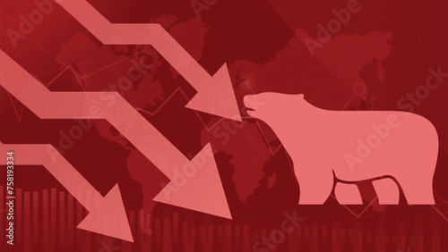 Bear or bearish market trend in crypto currency or stocks. Trade exchange background, down arrow graph for decrease in rates. Cryptocurrency price chart,blockchain technology. Global economy crash.