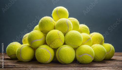 Lots of yellow tennis balls on wooden floor. Racket sport
