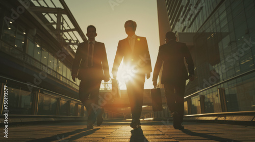 silhouetted business professionals walking across a bridge towards the sunlight with a cityscape in the background  suggesting themes of success  leadership  and future goals.